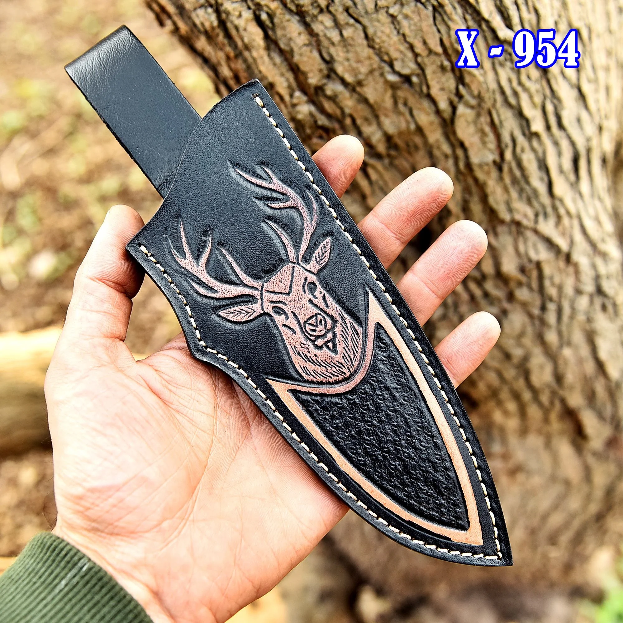 Handmade Top Grain Leather Deer Engraved Fixed Blade Knife Sheath - Image 4