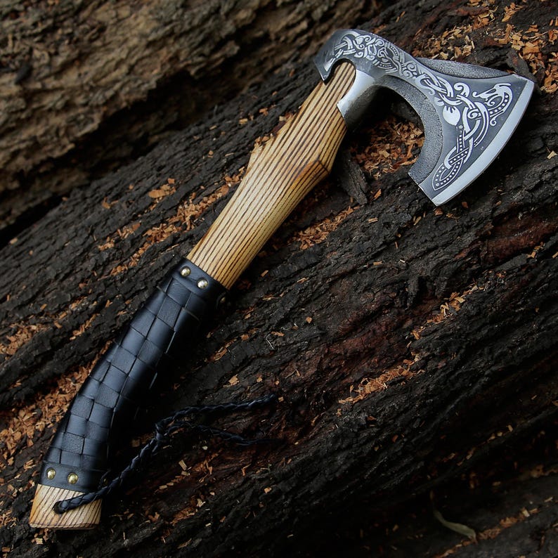 Handmade Viking Bearded Axe Nordic Engraved Camping Hatchet Outdoor Tool - Image 3