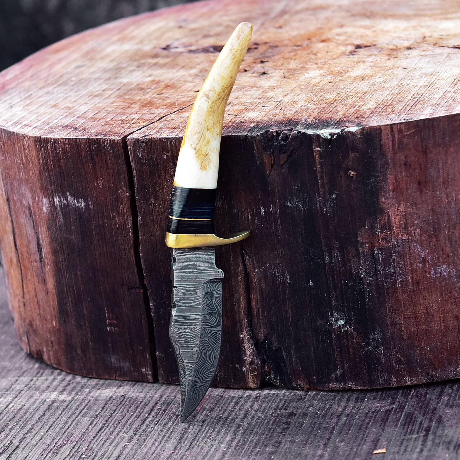 Miniature Knife Damascus Steel Fixed Blade Skinner Stag Antler Handle with Sheath - Image 4