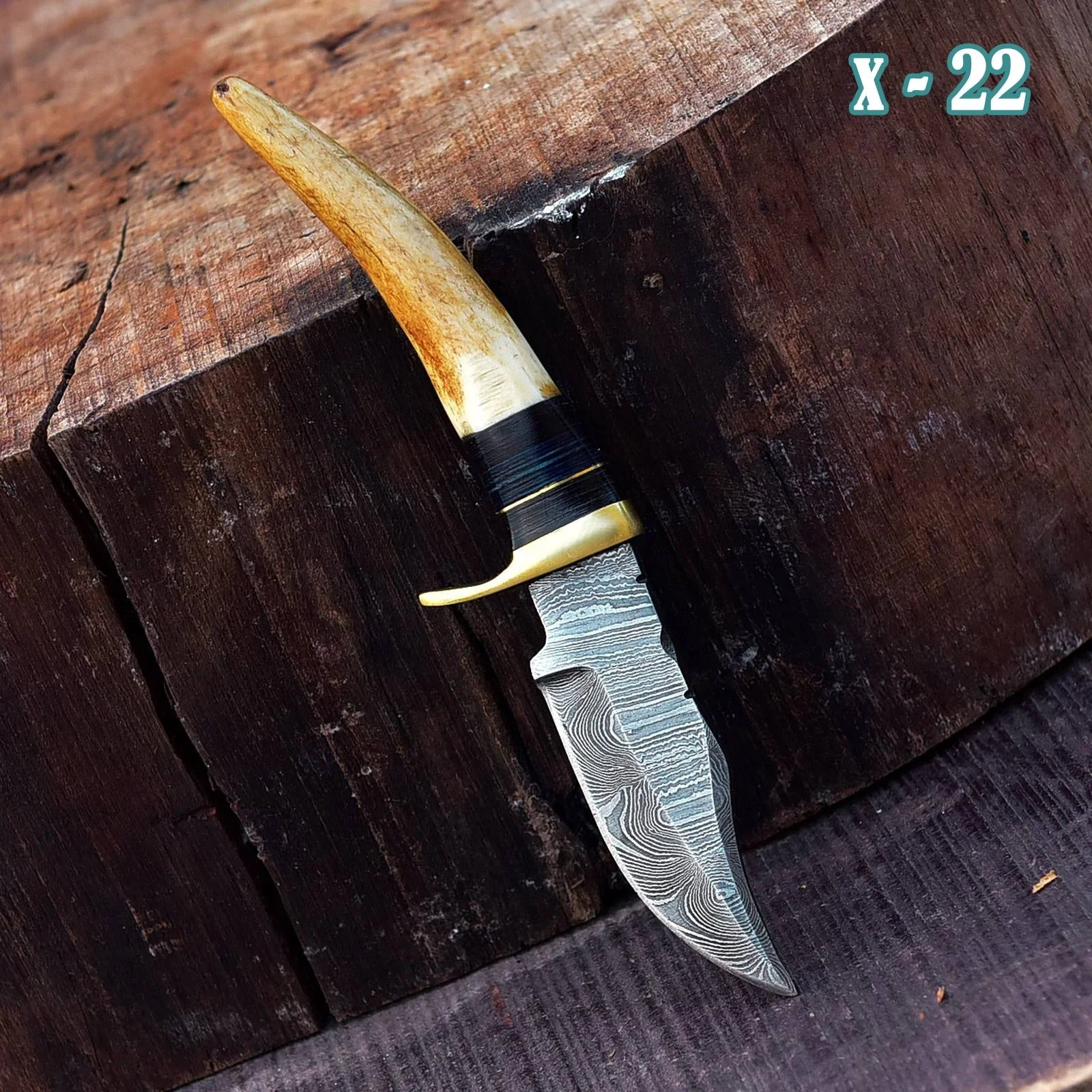Miniature Knife Damascus Steel Fixed Blade Skinner Stag Antler Handle with Sheath - Image 5