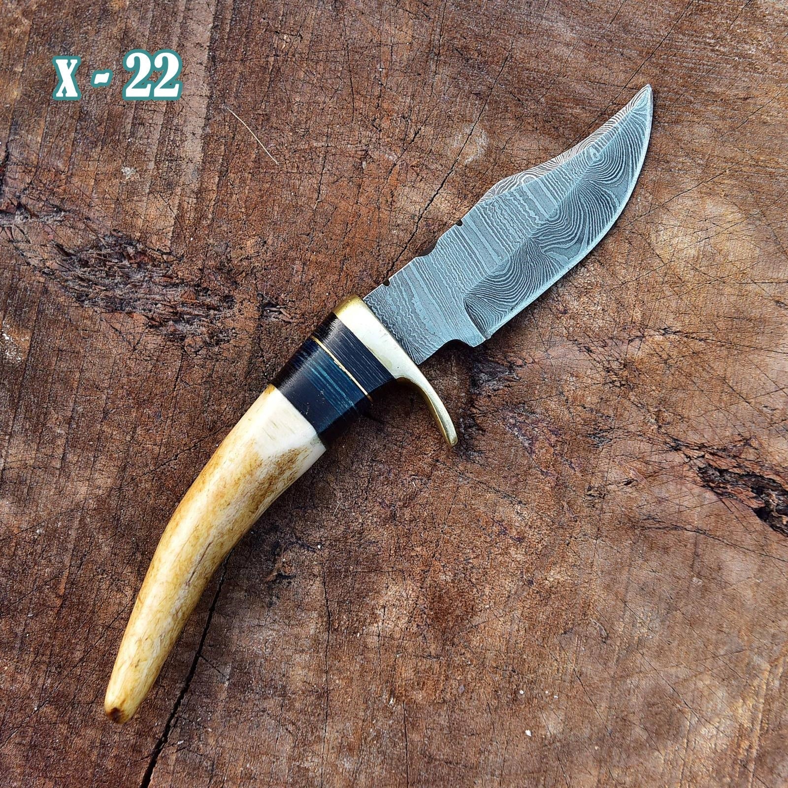 Miniature Knife Damascus Steel Fixed Blade Skinner Stag Antler Handle with Sheath - Image 6