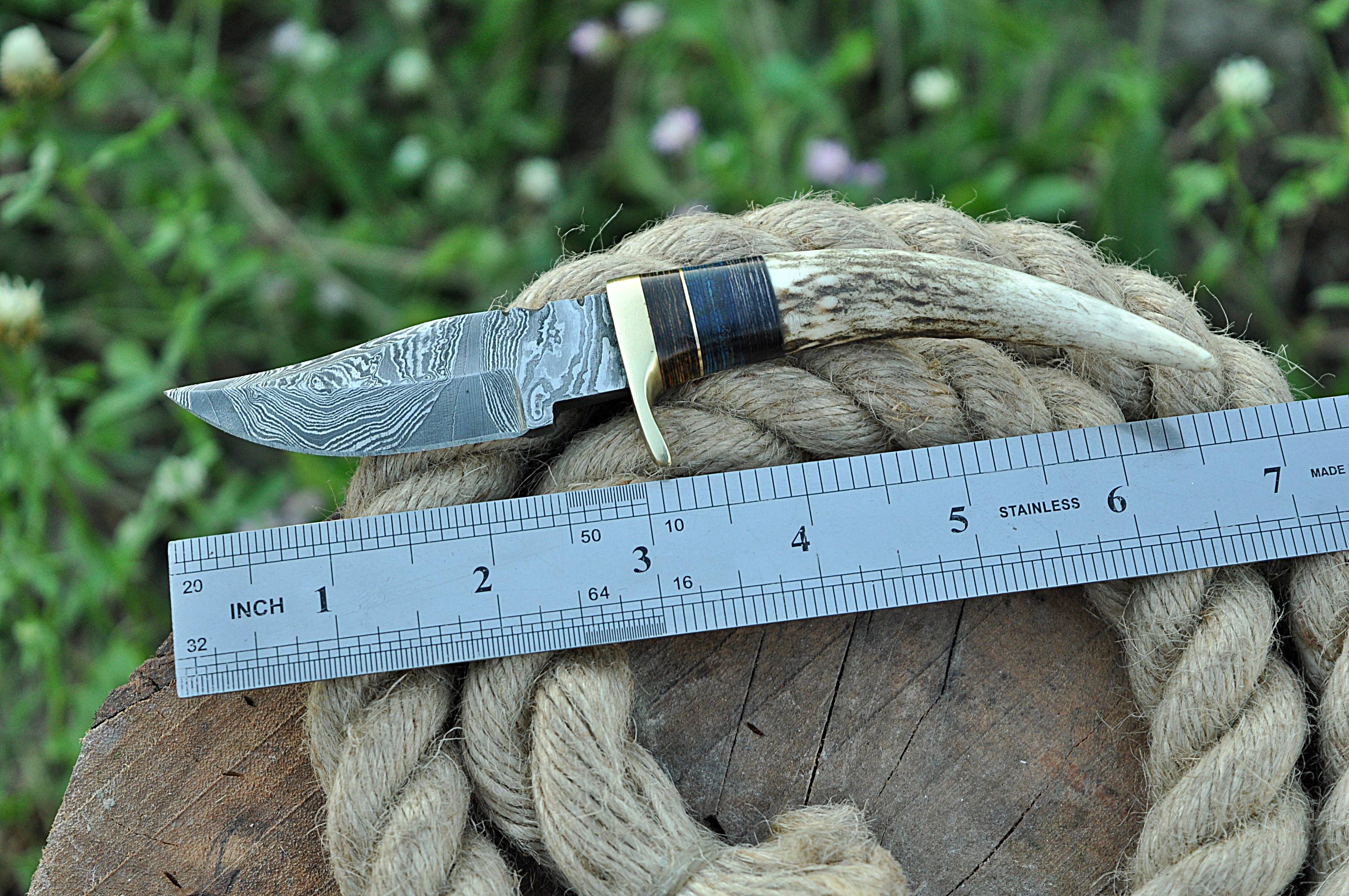 Miniature Knife Damascus Steel Fixed Blade Skinner Stag Antler Handle with Sheath - Image 8