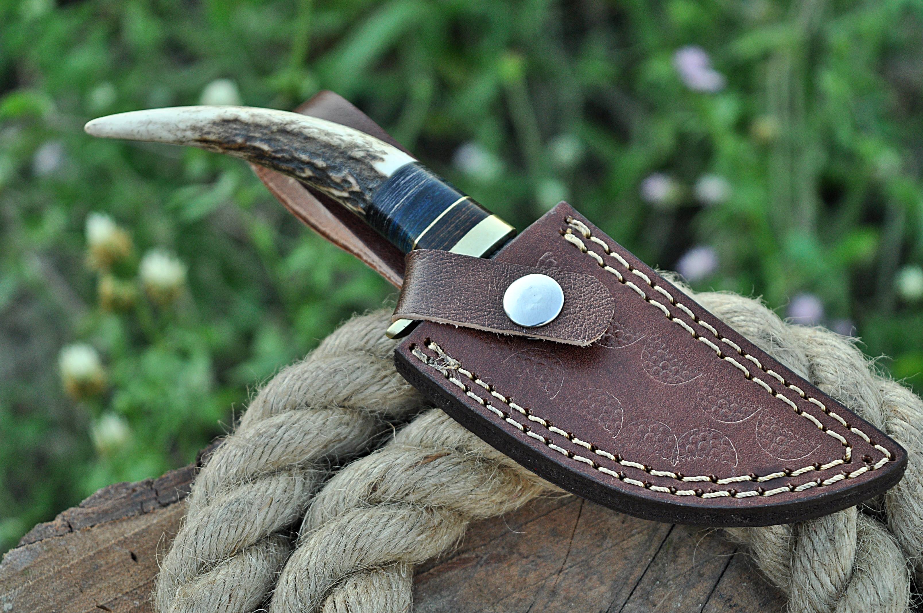 Miniature Knife Damascus Steel Fixed Blade Skinner Stag Antler Handle with Sheath - Image 9