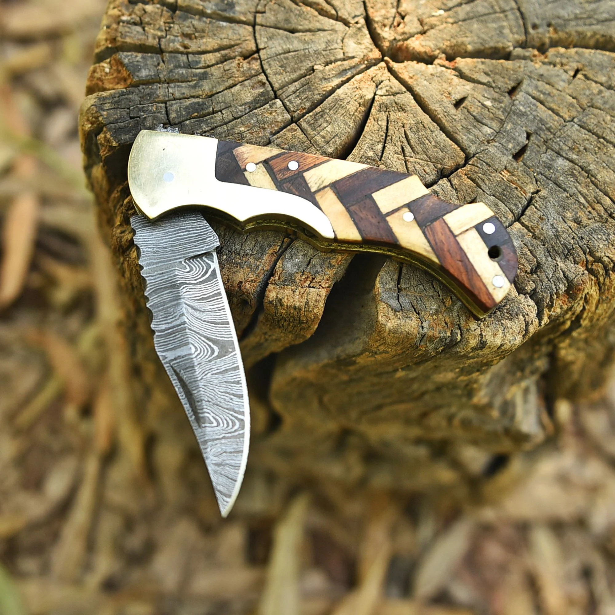 Outdoor Adventure Damascus Steel Folding Blade Pocket Knife EDC Wood Handle - Image 4