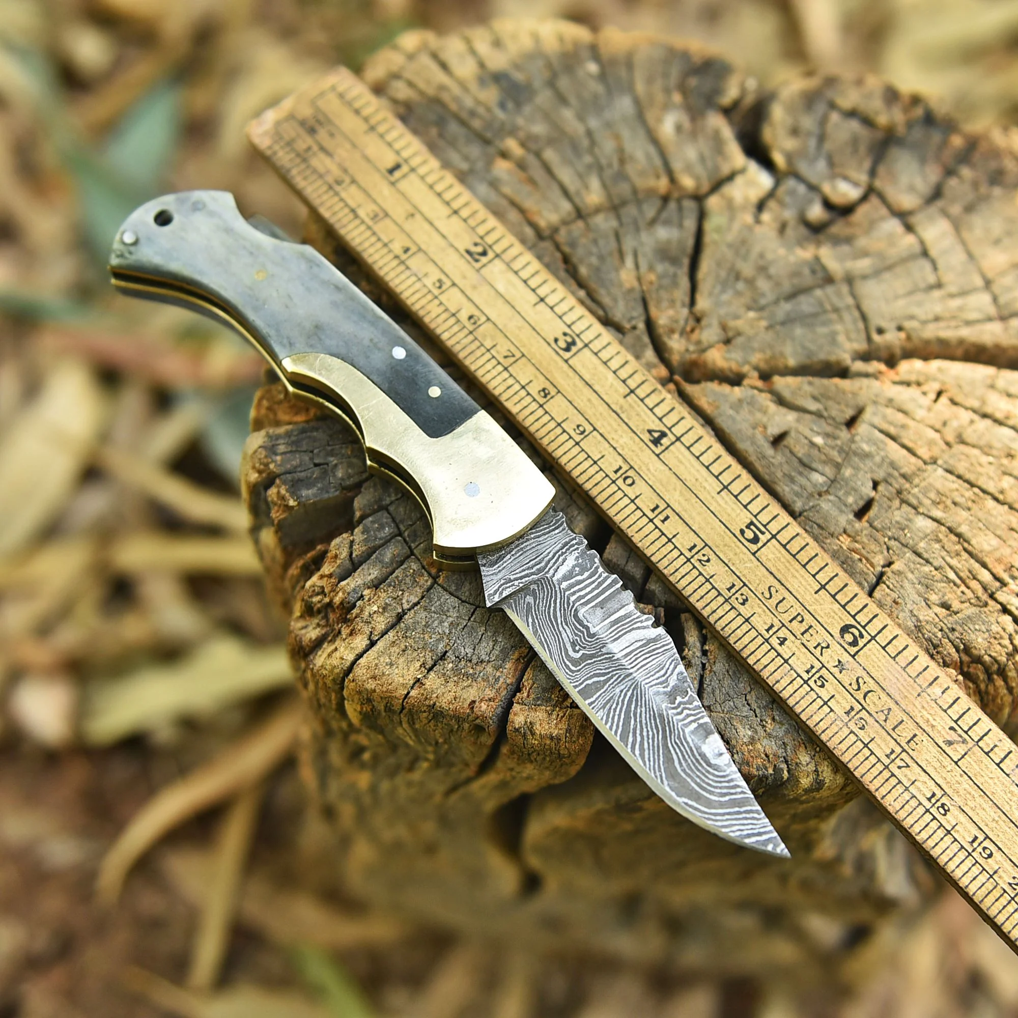 Outdoor Camping Hunting Damascus Steel Folding Knife Camel Bone Handle - Image 2