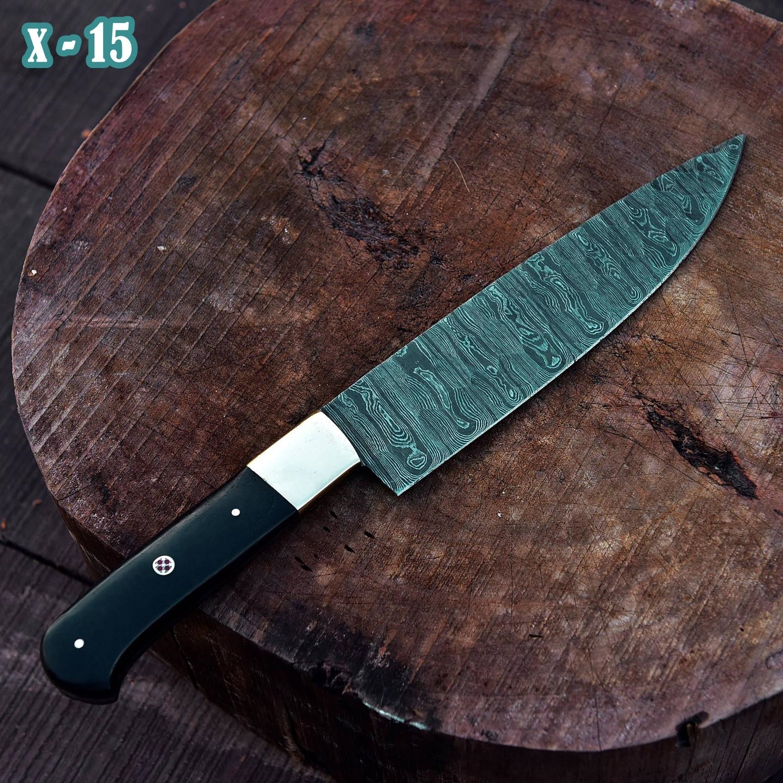 Premium Best Quality Damascus Steel Chef Knife Bull Horn Handle Brass Bolster - Image 3