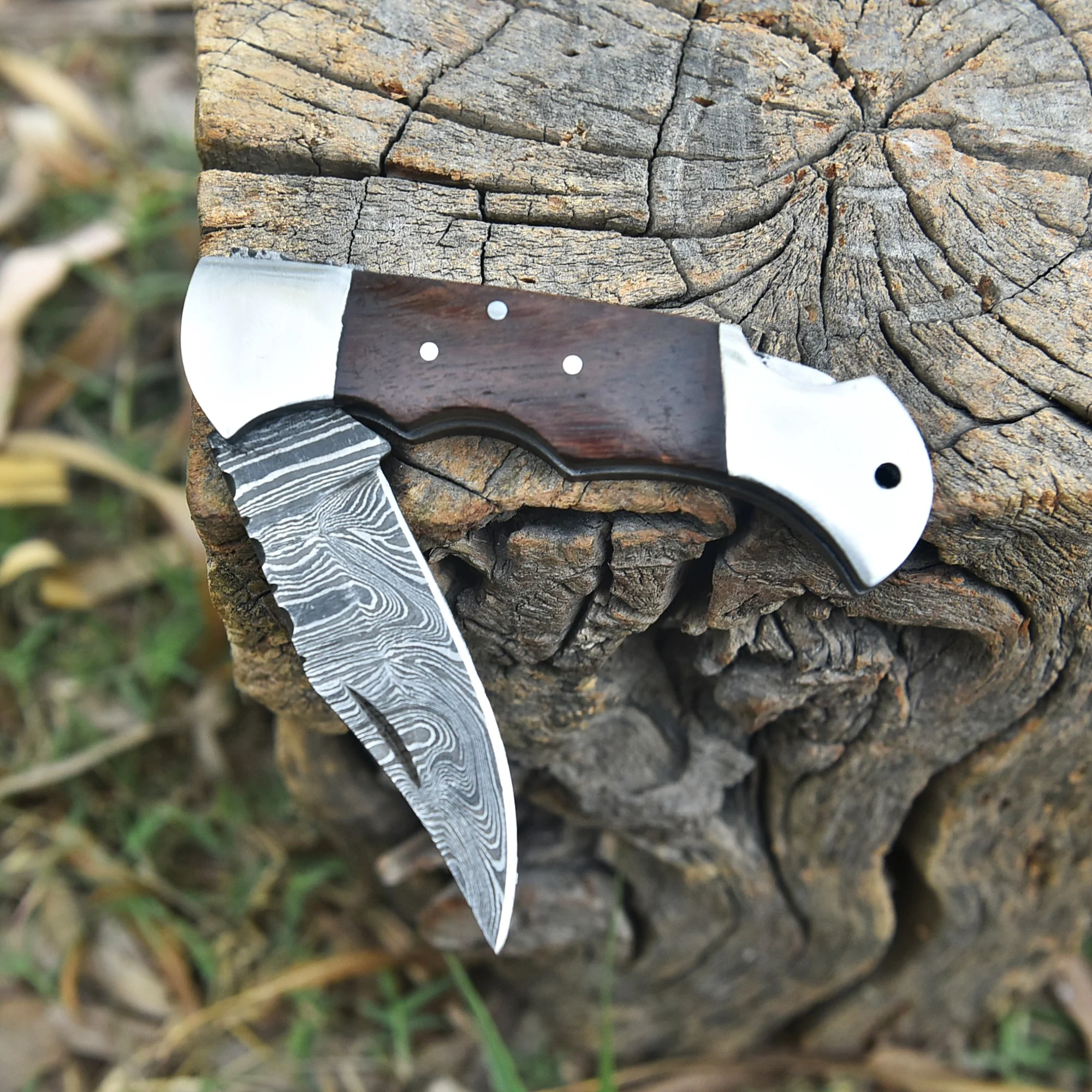 Premium Damascus Folding Pocket Knife Camping Hiking Bushcraft Tool - Image 4