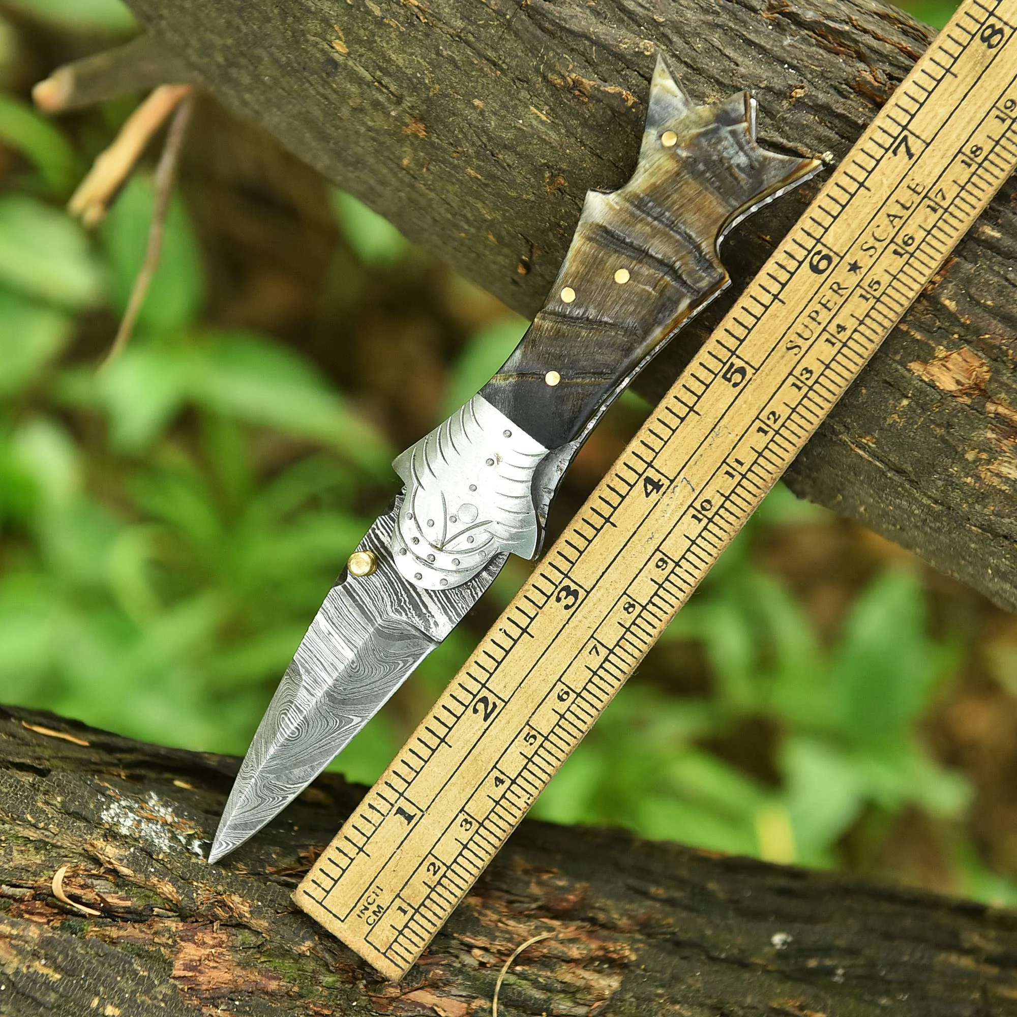 Premium Handmade Damascus Folding Blade Pocket Knife Ram Horn Handle - Image 4