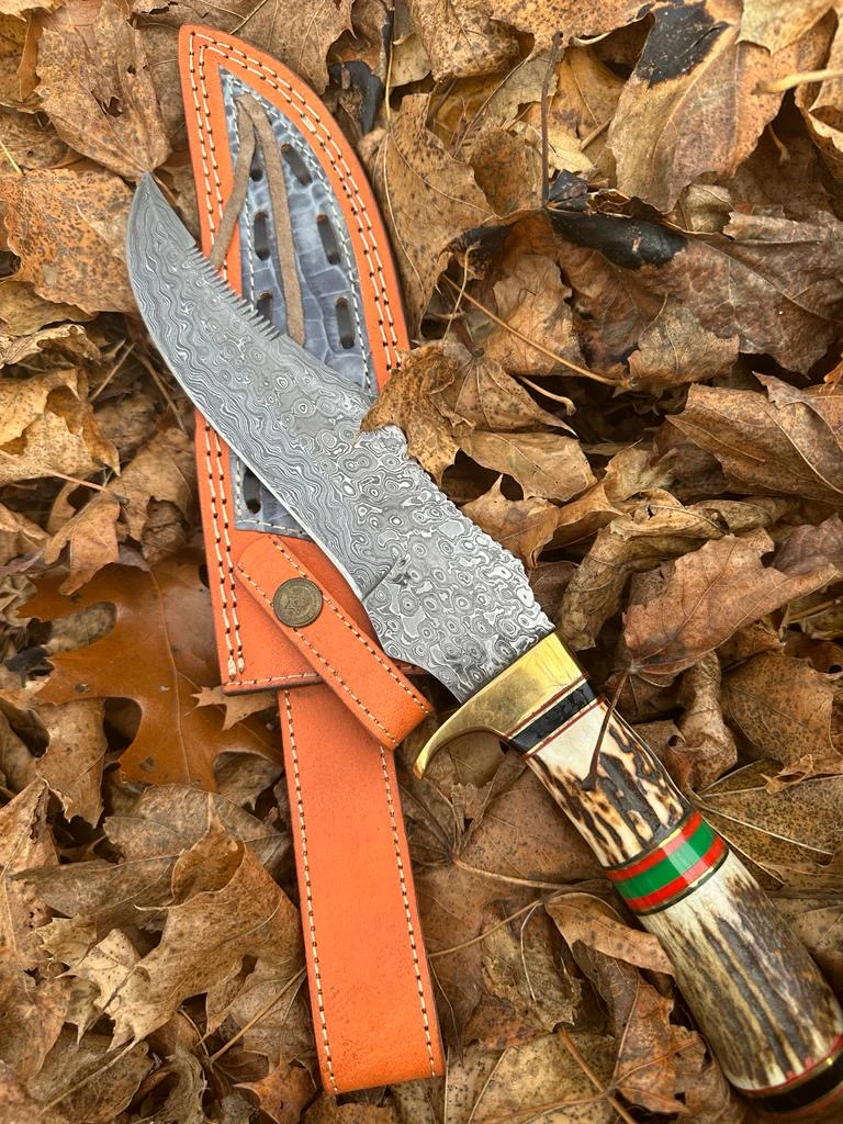Premium Quality Handmade Damascus Steel Fixed Blade Bowie knife Stag Handle Brass Guard - Image 3