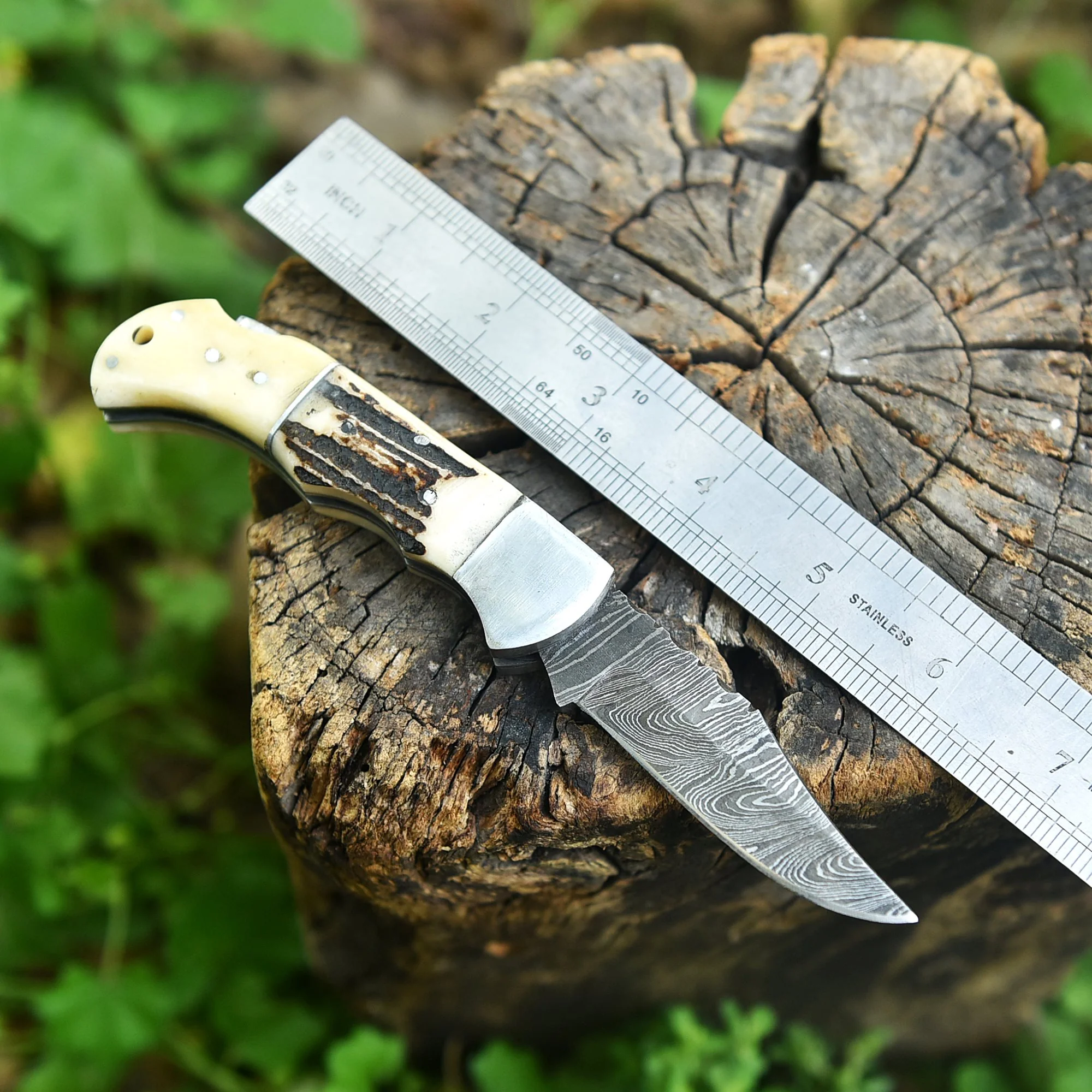 Professional Damascus Steel EDC Folding Knife Stage Camel Bone Handle - Image 2