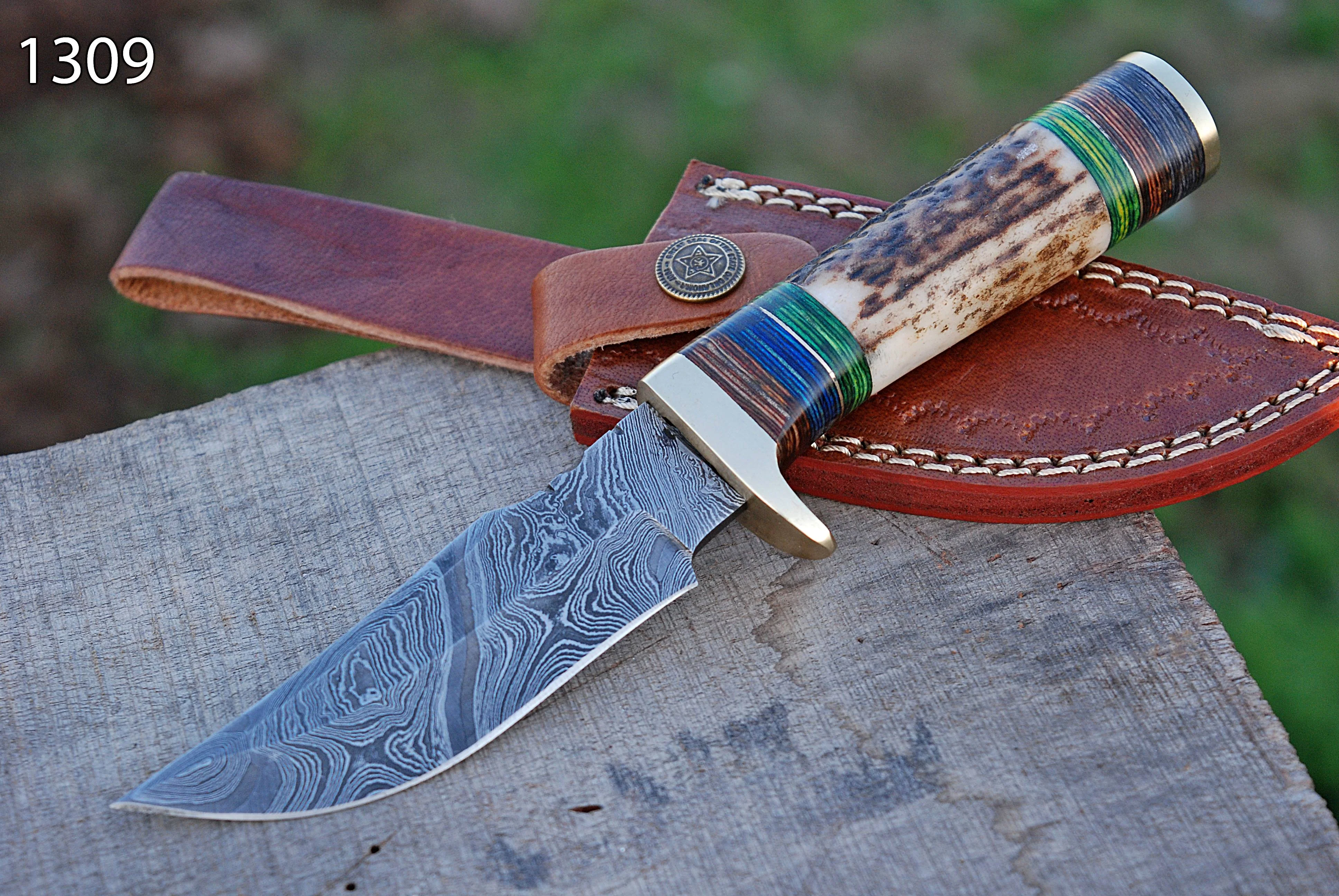 Stag Antler Knife Forged Damascus Skinner Knife Deer Stag Handle with Leather Sheath - Image 3