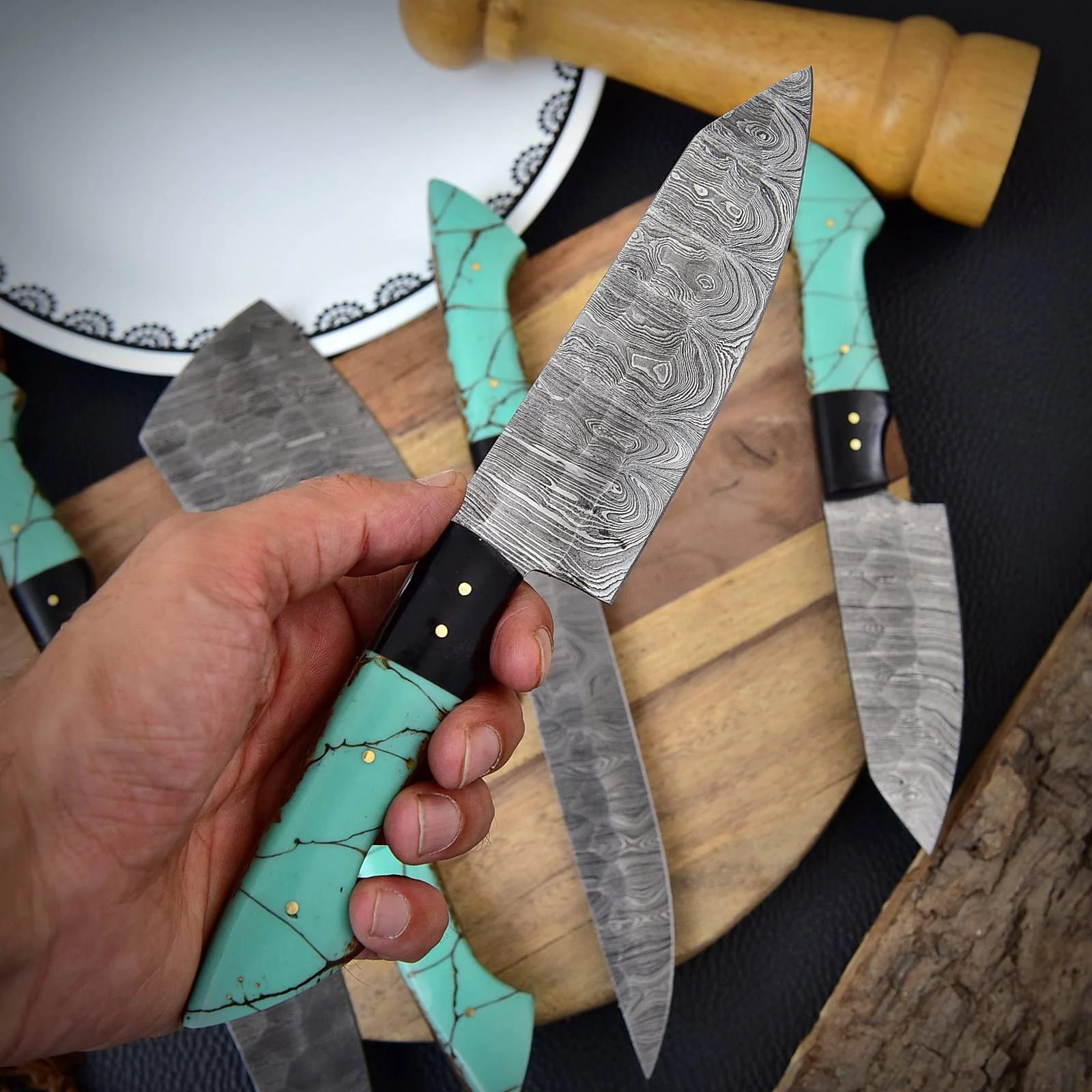 The Orchid - Handmade Damascus Chef Knife Set - 5 Pieces Forged Kitchen Knife Set x-135 - Image 5