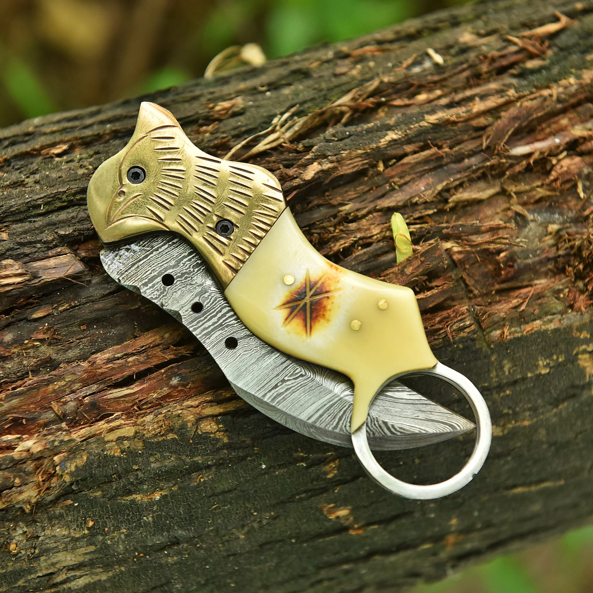 Traditional Handmade Damascus Folding Knife Camel Bone Eagle Engraved - Image 6